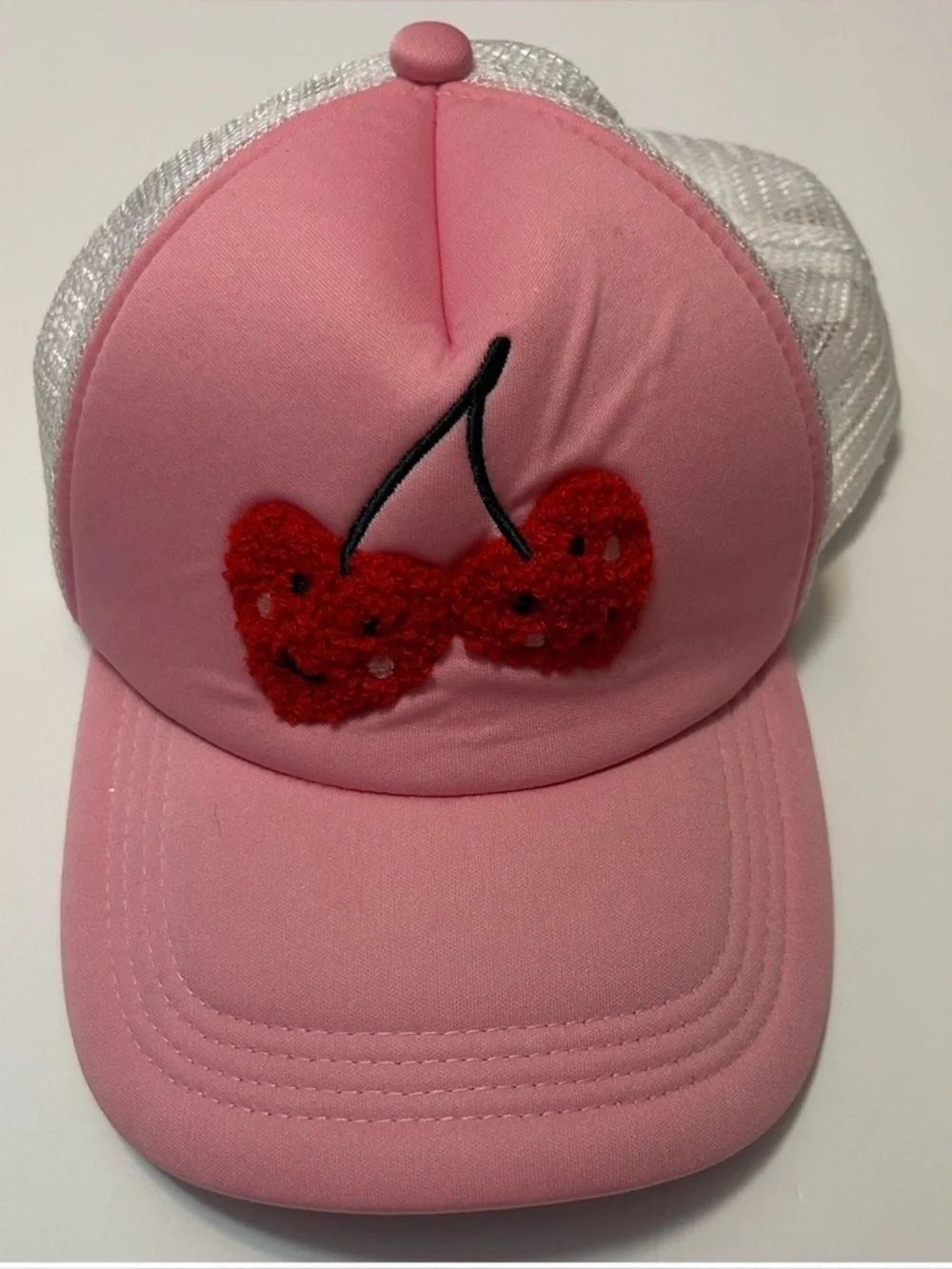 Cherry Heart Snapback Trucker
Hat Pink One Size Adjustable
Embroidered Mesh Back